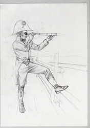 Primer Imperio (1804-1814 y 1815): soldado de alto rango del gran ejército napoleónico francés en observación con vista larga (long view). Dibujo inacabado de Alessandro Lonati.