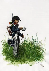 Primer Imperio (1804-1814 y 1815): soldado cazador de infantería del gran ejército napoleónico francés. Dibujo de Alessandro Lonati