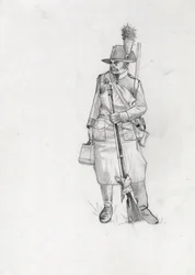 Primer Imperio (1804-1814 y 1815): soldado del ejército austro-húngaro, sapeur (o pionero). Dibujo de Alessandro Lonati