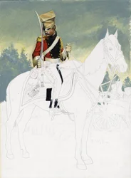 Primer Imperio (1804-1814 y 1815): soldado de la caballería ligera del gran ejército napoleónico francés. Dibujo inacabado de Alessandro Lonati.