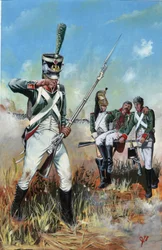 Primer Imperio (1804-1814 y 1815): soldados del gran ejército napoleónico en Italia para socorrer a un camarada herido. Dibujo de Alessandro Lonati