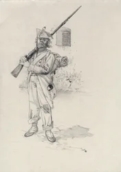 Primer Imperio (1804-1814 o 1815): soldado del ejército napoleónico, soldado de infantería de una brigada de jinetes en un fuerte. Dibujo de Alessandro Lonati