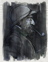 Primera Guerra Mundial 1914-1918: Retrato de perfil de un soldado del ejército italiano fumando en pipa en 1915. Dibujo de Alessandro Lonati