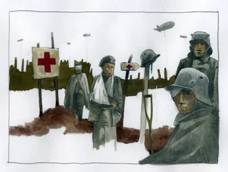 Primera Guerra Mundial: Gules cassees y heridos de guerra a cargo en el puesto de socorro de la Cruz Roja - 1914-1918 Ilustración de Alessandro Lonati