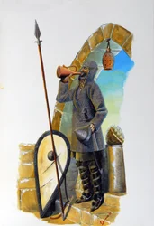 Primera cruzada: una grulla en reposo, equipada con su cota de malla, bebe de la jarra, su escudo y su lanza están colocados cerca de ella. Ilustración de Alessandro Lonati