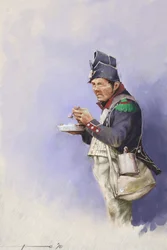 Primer imperio: soldado de infantería ligera durante la comida en una campaña de Napoleón I (probablemente en Rusia) Principios del siglo XIX. Ilustración de Alessandro Lonati. 2010