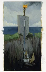 Ilustración del mito de la isla desaparecida bajo el mar de la Atlántida (Atlantis): la puerta de entrada a la ciudad griega de la legendaria isla antes de su desaparición. Los barcos pasan entre dos acantilados. Dibujo en color de Alessandro Lonati.