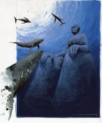 Ilustración del mito de la isla desaparecida bajo el mar de la Atlántida: ballenas en las profundidades del mar alrededor de las ruinas de la legendaria isla. Dibujo en color de Alessandro Lonati.