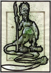 Monstruo legendario para una ilustración fantástica: rostro de una criatura tribal o un guerrero con lanza, escudo y cola emplumada.