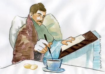 Marcel Proust como enfermo escribiendo con el té de su tía Elisabeth (tinta sobre papel)