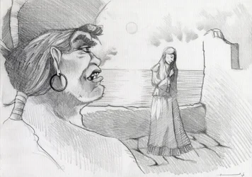 Pirata (corsario) del Caribe amenazando a una dama en una fortaleza. Dibujo de Alessandro Lonati.