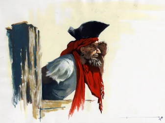 Pirata del Caribe mirando al horizonte. Dibujo de Alessandro Lonati.