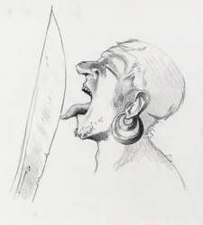 Retrato de un pirata (corsario) que desafía a la espada tocándola con la lengua. Dibujo de Alessandro Lonati.