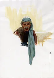 Retrato de un pirata (corsario) o marinero sentado a la luz del día. Dibujo en color de Alessandro Lonati.