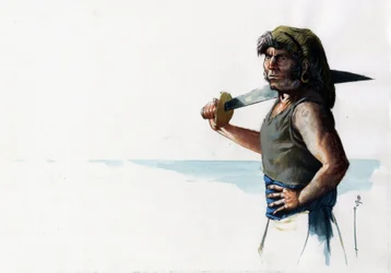 Retrato de pirata (corsario) o marinero con espada mirando al mar. Dibujo en color de Alessandro Lonati.