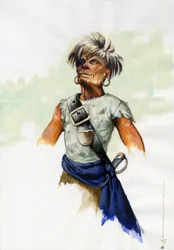 Retrato de pirata (corsario) o marinero con los ojos vendados (tuerto). Dibujo en color de Alessandro Lonati.