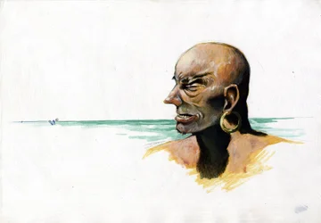 Retrato de pirata (corsario) o marinero con el mar al fondo. Dibujo en color de Alessandro Lonati.