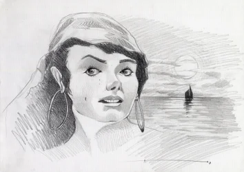 Retrato de una mujer pirata del Caribe (o corsaria), con la puesta de sol en el horizonte. Dibujo de Alessandro Lonati.