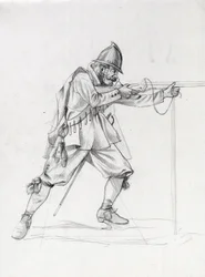 Retrato de un soldado navío del siglo XVII poniéndose en posición de tiro. Dibujo de Alessandro Lonati.