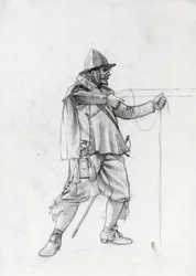 Retrato de un soldado navío del siglo XVII poniéndose en posición de tiro. Dibujo de Alessandro Lonati.