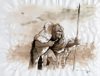 Prehistoria: representación de un hombre de Neandertal o Neandertal en el Paleolítico Medio. Dibujo de Alessandro Lonati