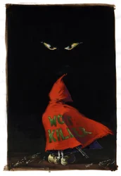 Caperucita Roja revisitada de Charles Perrault (1628-1703): la Caperucita Roja se enfrenta a los ojos del lobo en la oscuridad con una escopeta oculta bajo su abrigo rojo "Asesino de lobos". Dibujo de Alessandro Lonati