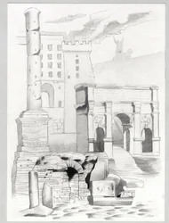 Ruinas de la época romana en Roma, Foro (foro romano) Dibujo de Alessandro Lonati.