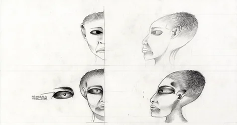 Ilustración de ciencia ficción (ciencia ficción): estudio del rostro de un extraterrestre o alienígena (alienígena o alien) del planeta Marte a la conquista del espacio o universo. Dibujo de Alessandro Lonati