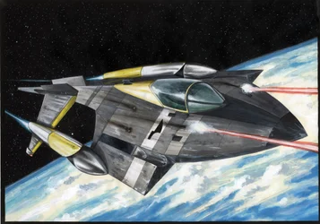 Ilustración de ciencia ficción: Nave espacial con la conquista del espacio o universo lanza rayos láser sobre el planeta Tierra. Dibujo de Alessandro Lonati