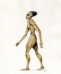 Ilustración de ciencia ficción: un extraterrestre o alienígena del planeta Marte a la conquista del espacio o universo. Dibujo de Alessandro Lonati