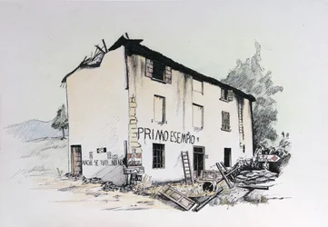Segunda Guerra Mundial: vista de una casa en ruinas en la Italia ocupada. Dibujo de Alessandro Lonati