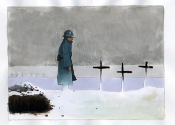 Primera Guerra Mundial: un soldado francés en una tumba de guerra mirando las cruces