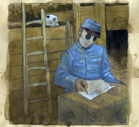 Primera Guerra Mundial: un soldado francés escribe una carta en una trinchera, con una máscara antigás.