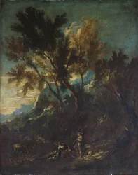 Un paisaje montañoso con figuras pastorales