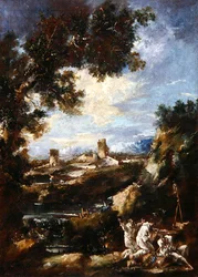 Paisaje con Frailes Carmelitas Rezando en un Santuario al Borde del Camino, c.1720