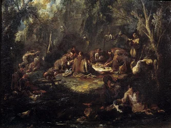 Escena de vida monástica Monjes desayunando, rezando y leyendo en un sotobosque. Pintura de Alessandro Magnasco
