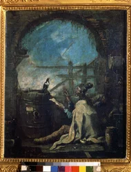 ""Un payaso enseñando a una urraca"" (Un payaso entrenando a una urraca) Un hombre de circo enseñando números a una urraca. Pintura de Alessandro Magnasco (1667-1749) Museo Pushkin del siglo XVIII, Moscú