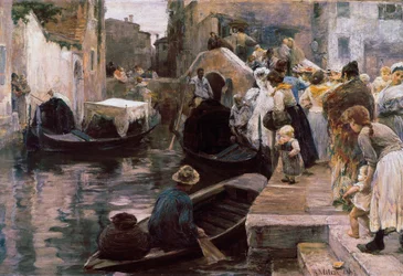 ""Boda en Venecia"" Los recién casados ​​viajan en góndola. Pintura de Alessandro Milesi (1856-1945) 1897 Roma. Galería Nazionale d
