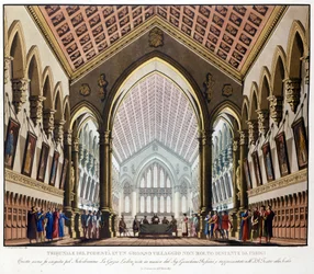 Escenografía de Sanquirico para la ópera “La gazza ladra” de Gioacchino Rossini representada en el Teatro alla Scala de Milán en 1817: el Tribunal del Podestà cerca de París