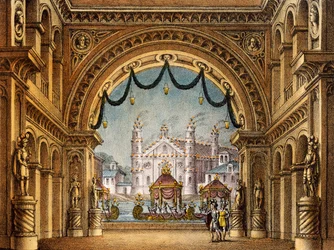 Diseño de escenografía por Alessandro Sanquirico para La Straniera, ópera de Vincenzo Bellini