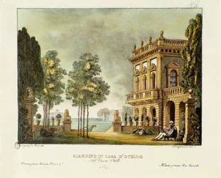 Vista del jardín y la casa de Otello. Escenografía para la ópera «Otello» de Gioachino Rossini (1816), basada en la obra de William Shakespeare «Otelo o el moro de Venecia». Litografía en «Raccolta di invenzioni sceniche del 1830» de Alessandro Sanquirico