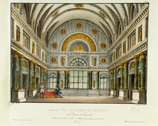 Vista del palacio del rey de Siracusa Argirio Escenografía para la representación en Milán en 1829 de la ópera “Tancredi” de Gioacchino Rossini (1813) basada en la obra de Voltaire “Tancrede”