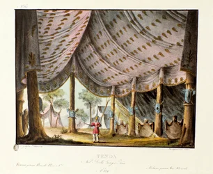 Vista de la tienda real de Genghis Khan. Escenografía para el ballet “Genis-Kan” por el coreógrafo italiano Giovanni Galzerani (1780-1865) (1828). Litografía en “Raccolta di invenzioni sceniche del 1830 de Alessandro Sanquirico (1777-1849)”.