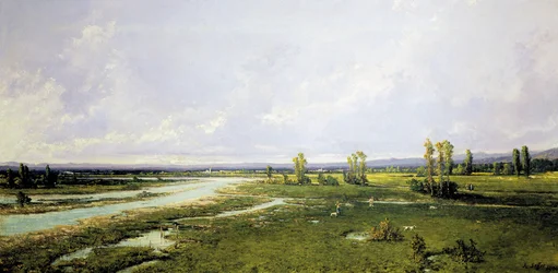 Caza en el lecho del río Piave en Belluno, Pintura de Alessandro Seffer (1832-1905), Óleo sobre lienzo
