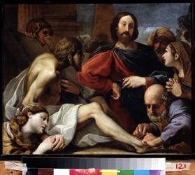La Resurrección de Lázaro. Pintura de Alessandro Tiarini (1577-1668). Óleo sobre tabla, 39 x 49 cm. Arte de Bolonia, arte barroco italiano. Museo Estatal de Arte, Ekaterimburgo.
