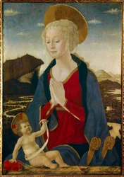 La Virgen tiene al Niño. Ambos llevan aureolas doradas. Pintura sobre madera de Alessio Baldovinetti (1425-1499) Sol del siglo XV. 1,06x0,75 m