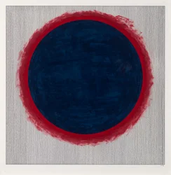 Círculo azul sobre rojo, 2022 (esmalte y bolígrafo sobre cartulina)