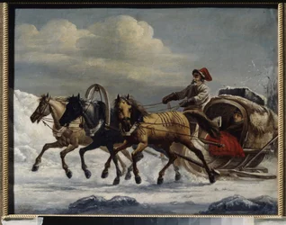 Troika (trineo tirado por una yunta de tres caballos). Pintura de Alexander Osipovich Orlowski (1777-1832), óleo sobre metal