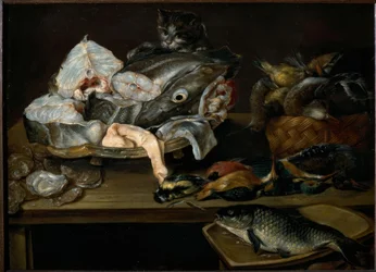 Naturaleza muerta con peces, mariscos, aves y gato