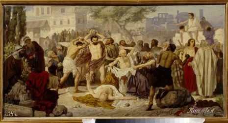 La lapidación de los jueces - Pintura de Alexander Alexeyevich Kiselev (1855-después de 1918), óleo sobre lienzo